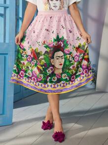 Frida Kahlo X SHEIN 大码优雅甜美粉色蝴蝶雏菊肖像艺术几何波尔卡圆点印花裙 - 彩色 - 查看 7