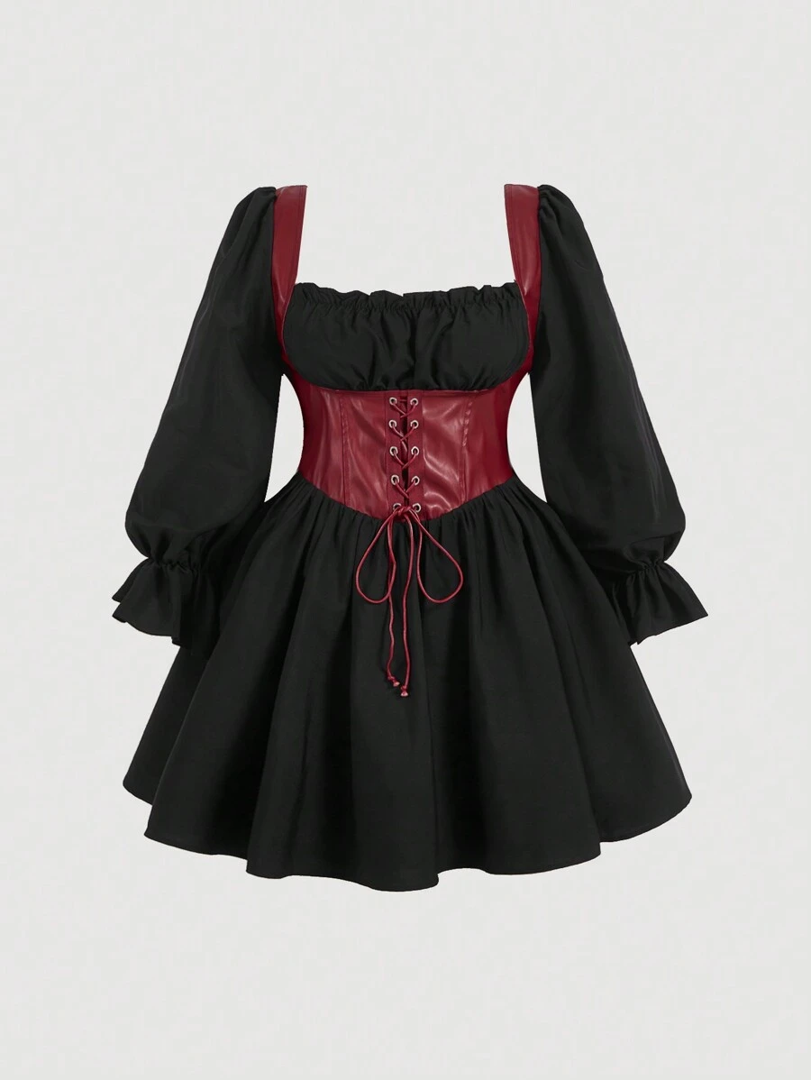 SHEIN MOD 大码女式春夏拼布索环系带荷叶边优雅连衣裙 - 黑色 - 查看 1