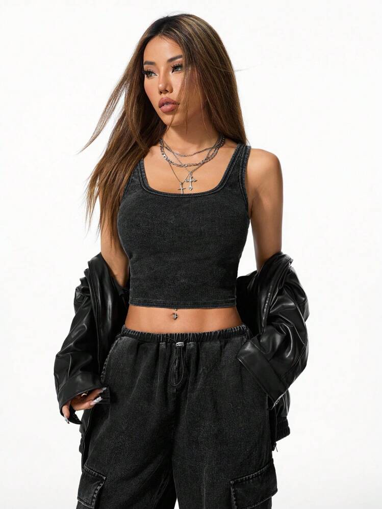 SHEIN EZwear 女士休闲街头装洗水背心运动裤套装 - 黑色 - 查看 6