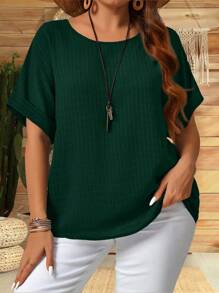 EMERY ROSE Blusa suelta de manga corta de murciélago de cuello redondo y unicolor para mujer de talla grande en verano