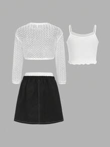 3pcs Tween Girls' Loose Casual Short Hollow Out Long Sleeve Top, Cami Top & Skirt Outfit With Fashionable Cargo Feel