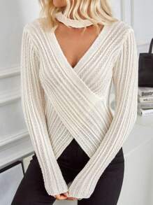 SHEIN Clasi كنزة ربيعية وخريفية بياقة ملفوفة على الرقبة بشكل صليب، بلوزة محبوكة للخريف والشتاء - بيج - مشاهدة 1