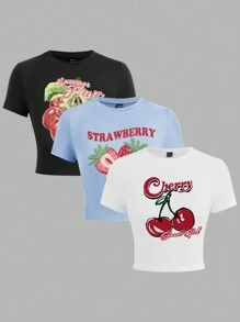 SHEIN EZwear 3 件套休闲简约草莓和樱桃印花圆领短袖修身短款女式 T 恤，适合夏季 - 彩色 - 查看 6