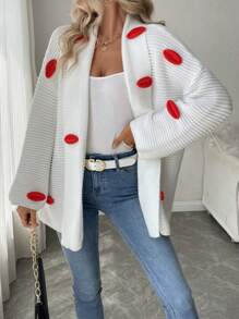 SHEIN Clasi Women's Loose Solid Color Long Sleeve Drop Shoulder Cardigan Sweater With 3D Big Red Lip Decoration, Suitable For Autumn/Winter - White - View 6