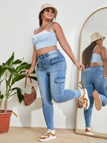 CovetEZ Plus Flap Pocket Side Cargo Jeans - Light Wash - View 1