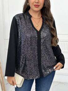 SHEIN LUNE Plus Size Solid Color Sequin Decorated Long Sleeve Casual Shirt