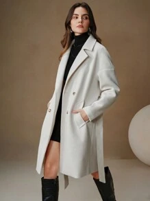 Anewsta Manteau beige ample de longueur mi-mollet avec corset de taille pour femmes
