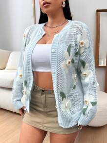 Flirla Áo len cardigan dài tay khoét lỗ họa tiết hoa cỡ lớn cho nữ, mùa thu/đông - Nhiều màu - Xem 2