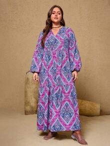 Plus Size Purple Casual Printed Dress For Women - Purple - View 3