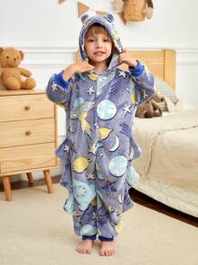 Young Boy Stylish Spaceship Graphic Hooded Warm Fleece Jumpsuit