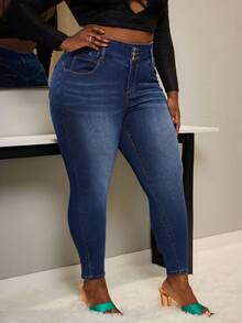 SHEIN SXY 大码女式口袋纽扣前紧身休闲百搭牛仔裤 - 深色水洗藍 - 查看 4