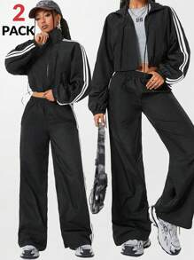 SHEIN EZwear Women's Fall/Winter Preppy Basic Game Day Zip Up Turtleneck Coat And Wide Leg Sweatpants Suit,Two Pieces