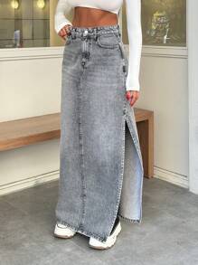 RueChic MAXI DENIM SKIRT SLIT DETAIL GREY - Grey - View 4