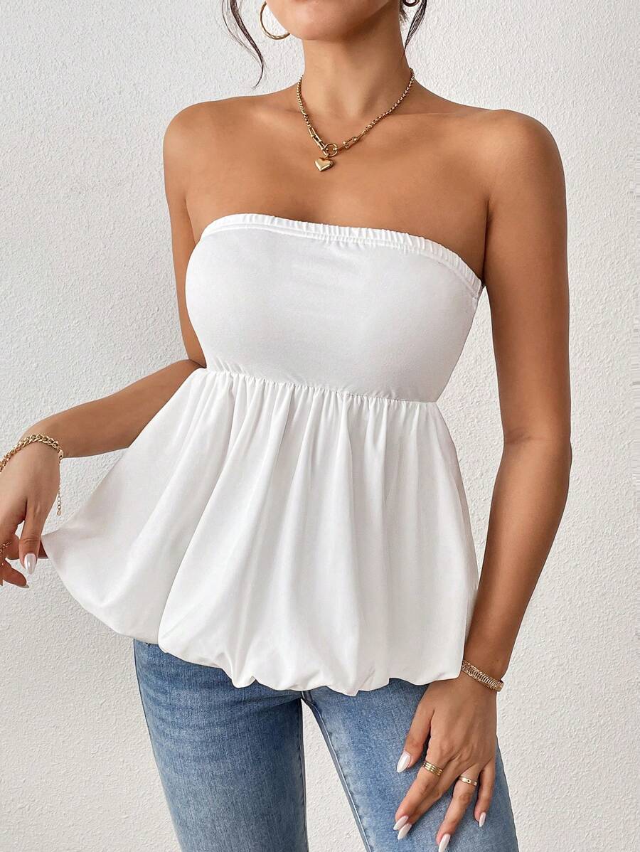 Chiquease Women's Casual Tube Top Babydoll Top With Ruffle Hem - White - View 1