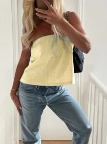 Pariaura 女士性感露肩条纹花卉印花抹胸上衣，秋季 - 黃色 - 查看 1