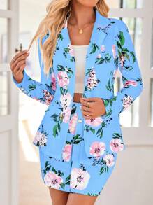 SHEIN Clasi 2pcs/Set Stand Collar Long Sleeve Allover Print Blouse And Mini Skirt Casual Suit - Baby Blue - View 5
