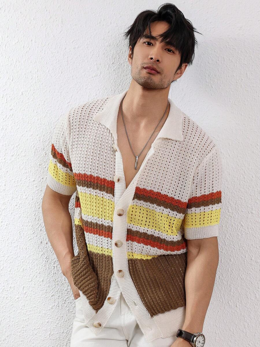 Manfinity Homme 男式前扣短袖条纹拼布休闲针织上衣 - 白色 - 查看 1