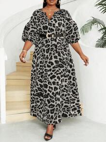 Maweii Plus Size Leopard Print Puff Sleeve Dress - Light Grey - View 4