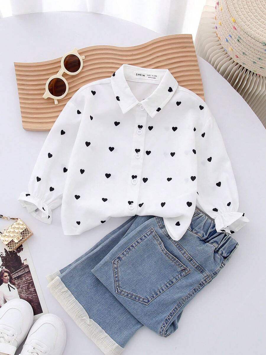 SHEIN Leap Crew Áo sơ mi dài tay in họa tiết chấm bi và trái tim cho mẹ và con gái, dáng rộng, thoải mái, dễ thương - Đen và trắng - Xem 1