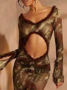 Hauture Vestido de manga larga con efecto transparente, corte hueco y estampado de mariposa, con cola, para mujer, sexy