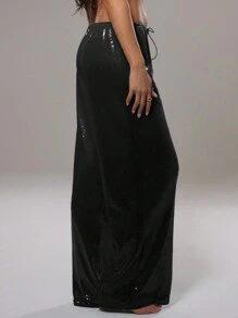 MUSERA Sequin Low Rise Drawstring Drop Waist Wide Leg Long Women Pants Vacation Summer Ibiza Fits Boho    Party Sparkly Spring Summer Elegant Pants Holiday - Black - View 4