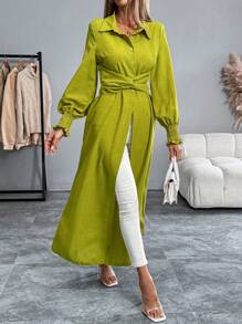 Calvaya Long Sleeve Button-Up Long Shirt With Waist Twist Detail