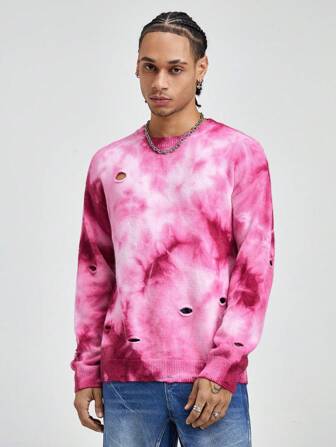 Street Life Jersey de cuello redondo de punto con efecto desgastado y teñido anudado de moda para hombre (patrón aleatorio)