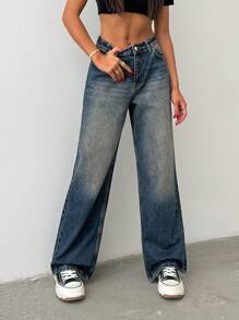 EURMUSE 100% Cotton WOMEN WIDE LEG BELTED MID WAIST JEANS - Medium Wash - View 3