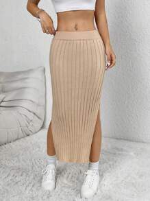 SHEIN Unity Women Solid Color Side Slit Hem Casual Knitted Skirt, Autumn-Winter - Beige - View 5