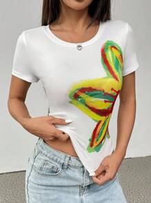 Chiquease 女士花卉印花短袖圆领短款修身 T 恤 - 彩色 - 查看 6