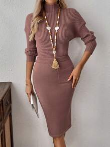 EMERY ROSE 2 件套纯色领长袖简约毛衣和 A 字裙休闲装 - 棕色 - 查看 4