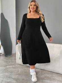 SHEIN CURVE+ Váy len dệt kim gân màu trơn cỡ lớn cho nữ, váy mùa thu - màu đen - Xem 7