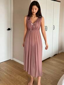 DAZY Váy ngủ lưới ren tương phản gợi cảm cho nữ có nơ trang trí - Bụi hồng - Xem 8