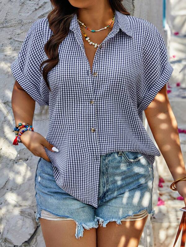 Calvaya Plus Size Button Down Short Sleeve Blue Plaid Random Printed Casual Loose Comfortable Shirt Top, For Summer