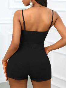 INAWLY Women's V-Neck Backless Button Pleated Casual Jumpsuit - Black - View 2