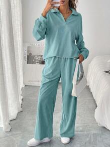 SHEIN LUNE Bộ 2 áo thun dài tay trễ vai trơn và quần ống rộng thường ngày cho nữ, Xuân/Hè - Màu xanh Bạc hà - Xem 1