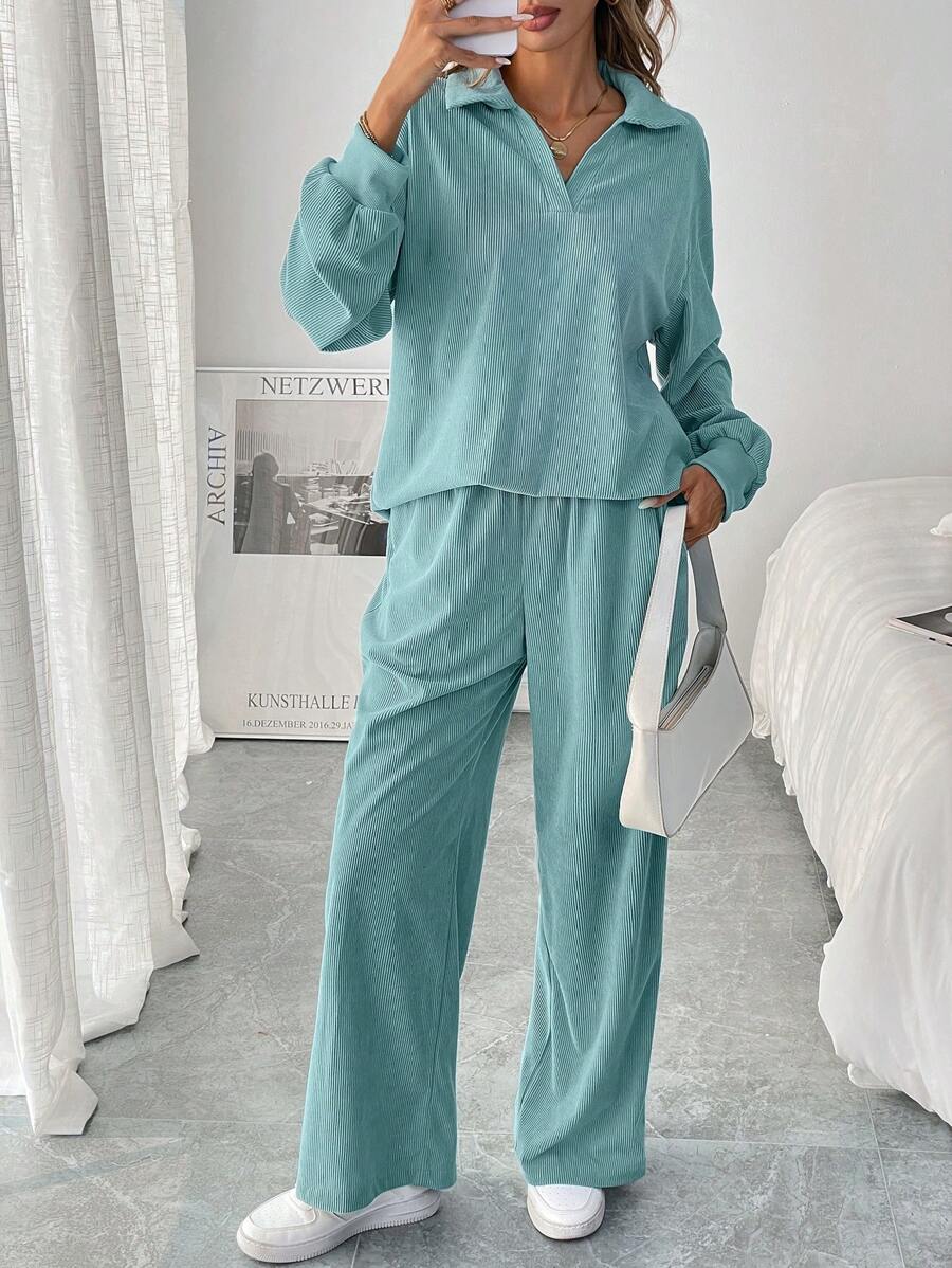 SHEIN LUNE Bộ 2 áo thun dài tay trễ vai trơn và quần ống rộng thường ngày cho nữ, Xuân/Hè - Màu xanh Bạc hà - Xem 1