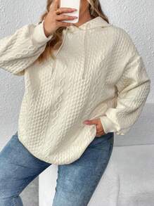 SHEIN CURVE+ Curve Plus Cable Knit Drop Shoulder Drawstring Hoodie - Apricot - View 1