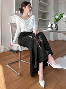 DAZY 女士蕾丝拼接美人鱼黑色半身裙，休闲度假风，荷叶边 - 黑色 - 查看 3