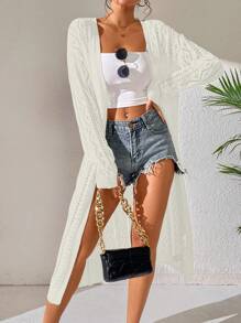 SHEIN Swim Women's Solid Color Minimalist Long Sleeve Kimono Cover Up Summer - Beige - View 6