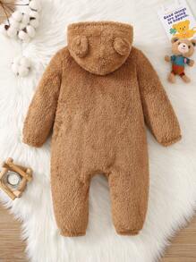 女宝宝可爱熊贴花连帽拉链前毛绒连体衣，秋冬款 - 卡其色 - 查看 2