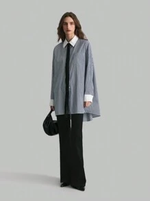 Ontre 蓝色条纹拼布超大长款休闲工作衬衫宽松衬衫 - 彩色 - 查看 5