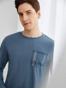 Men 2pcs Set: Crew Neck Long Sleeve Top Top And Plaid Design Fashionable Pants, Casual Pajama Set, Fall Winter Clothes - Baby Blue - View 7