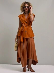 SHEIN Unity 女式秋季纯色翻领单排扣蝙蝠袖西装外套 - 鏽棕色 - 查看 1