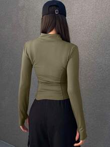 DAZY 女士纯色前拉链长袖夹克，休闲和日常穿着 - 軍綠色 - 查看 4