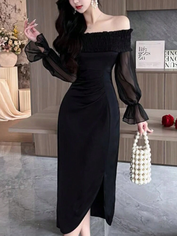 Women Off-Shoulder Solid Color Splice Flared Sleeve Split Hem Dress, Birthday ,New Year Eve Prom Dress,Fall Dress Long Sleeve Dress Elegant Women Dresses Maxi Dress