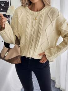 Chiquease Women's Long Sleeve Crew Neck Winter Casual Wear Tops, Knit Pullover Fall - Apricot - View 3