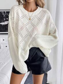 Chiquease 女式宽松纯色落肩长袖毛衣，秋季 - 白色 - 查看 5