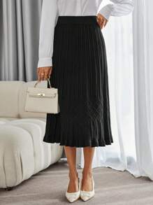 Aveloria French Style Fashion Solid Color Elegant Ladies' Long Sweater & A-Line Skirt Set, Teachers Outfit - Black - View 5