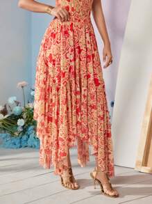 Frida Kahlo X SHEIN X Designer RAUL OROZCO Boho Bohemian Floral Printed Asymetrical Mesh Skirt, Holiday, Party, Thanksgiving, Vacation, Spring & Summer, Festival